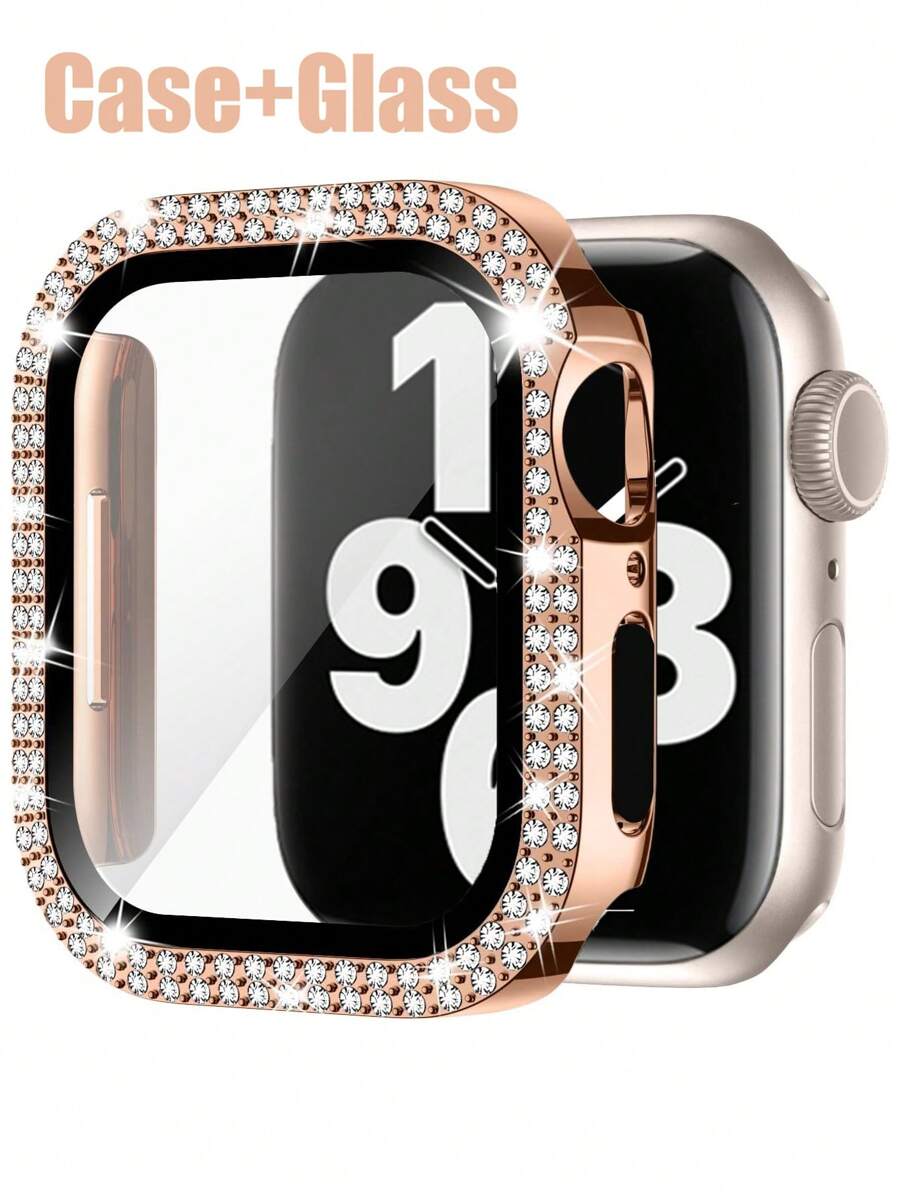 Kompatibel dengan Casing dengan Pelindung Layar Kaca Tempered Ultra Tipis HD, Dua Baris Batu Permata Kristal Berkilau, Pelindung Ultra-Protektif PC Keras Tahan Benturan dan Goresan, Kompatibel dengan Apple Watch Seri 11/10/9/8/7/6/5/4/SE, Casing Pelindung 40/41/42/44/45/46mm untuk Wanita - Rose Gold - View 1