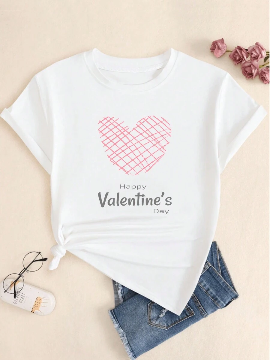 Heart Print T-Shirt Happy Valentine's Day Women's Fashion Casual Comfort Babylook Blouse - trắng - Xem 1