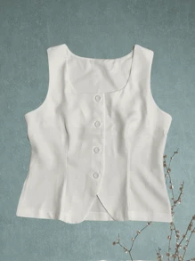 Women's Tailored Vest With Wide Straps, Square Collar, Open Front Detail - 白色 - 查看 2
