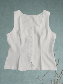 Women's Tailored Vest With Wide Straps, Square Collar, Open Front Detail - 白色 - 查看 1
