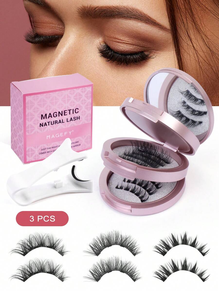 3 Pairs Magnetic False Eyelashes Kit With Mirror & Applicator Reusable Glue-Free Eyelashes Natural Manga Eyelashes Cat Eye Fluffy Faux Mink Eye Lashes With Tweezers Makeup Tool For Beauty, Travel, Daily Work,Halloween,Cosplay 7-14mm - 黑色 - 查看 1