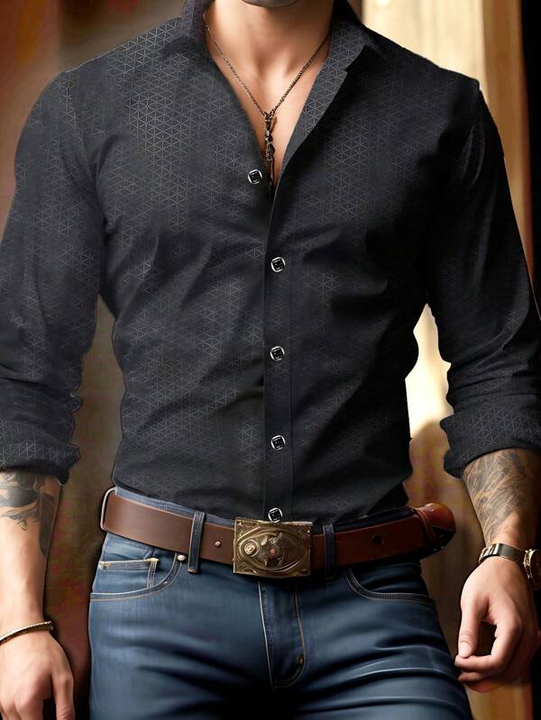 Men's Black Long Sleeve Button Down Collar Formal Shirt, Suitable For Business Occasions, Office Wear, Geometric Pattern Design For Spring, Summer, Autumn, Appropriate For Business, Formal And Casual Wear, Fall