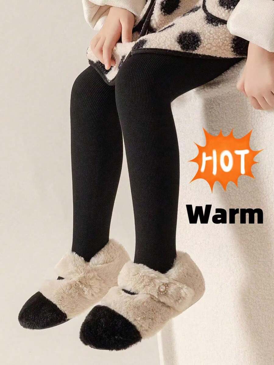 1 条女童紧身裤，冬季穿着，添加羊毛保暖层，儿童紧身裤，厚肉色连裤袜 - 黑色 - 查看 1
