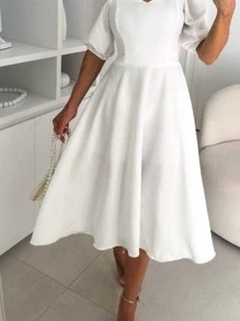 Women's Midi Dress With Puff Sleeves, Loose And Lined - 白色 - 查看 3