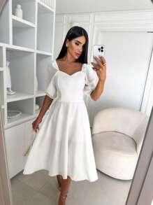 Women's Midi Dress With Puff Sleeves, Loose And Lined - 白色 - 查看 1