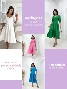 Women's Midi Dress With Puff Sleeves, Loose And Lined - 白色 - 查看 7