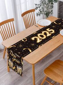 1pc 2025 New Year's Eve Table Runner, Polyester Black Gold Happy New Year Table Cover, Black Gold Champagne 2025 Happy New Year Party Kitchen Decorations Background Table Runner, Black Gold Home Decor Table Decor Party Tablecloth Supplies, New Year Gifts