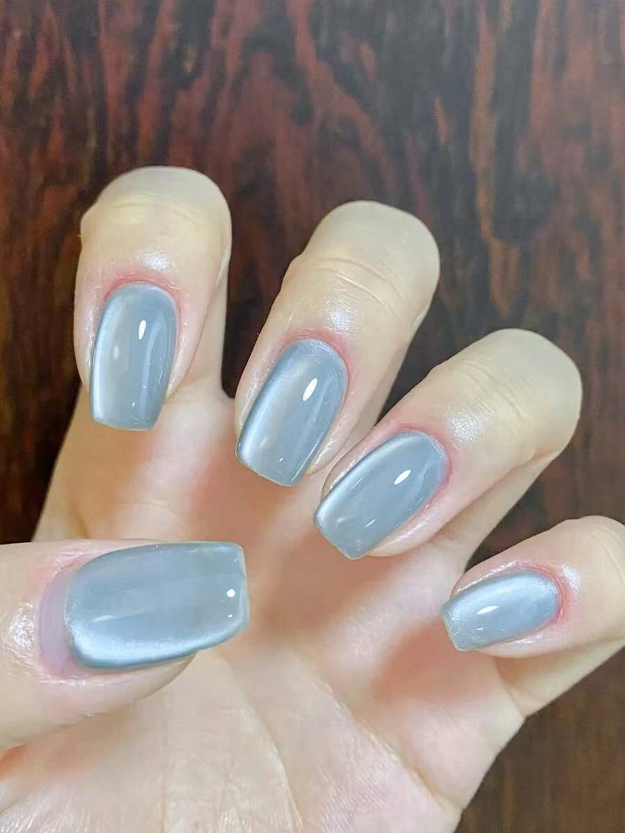 24 chiếc móng tay giả vuông vừa, móng tay giả mắt mèo màu xanh và trắng, móng tay giả phủ toàn bộ cho phụ nữ và trẻ em gái