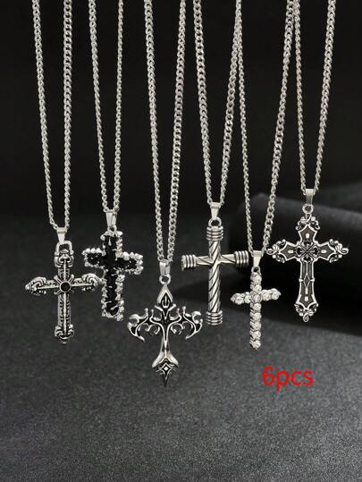 Conjunto de 6 collares de cadena de acero inoxidable de estilo retro hip-hop con 6 colgantes de cruz barroca europea mixta. Uso versátil para Navidad, Año Nuevo, Día de San Valentín y otras festividades.