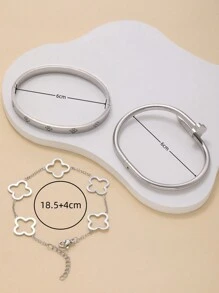 3 Buah Gelang Mewah Fashion Motif Daun Semanggi Empat Daun Bertatahkan Zirkonia dari Baja Tahan Karat, Aksesori Serbaguna untuk Pemakaian Sehari-hari dan Hari Valentine - Perak - View 5