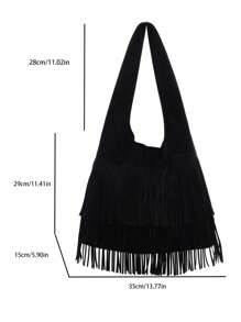 Bolso de hombro de gran capacidad con flecos de unicolor para dama, otoño 2024 - Negro - Ver 7