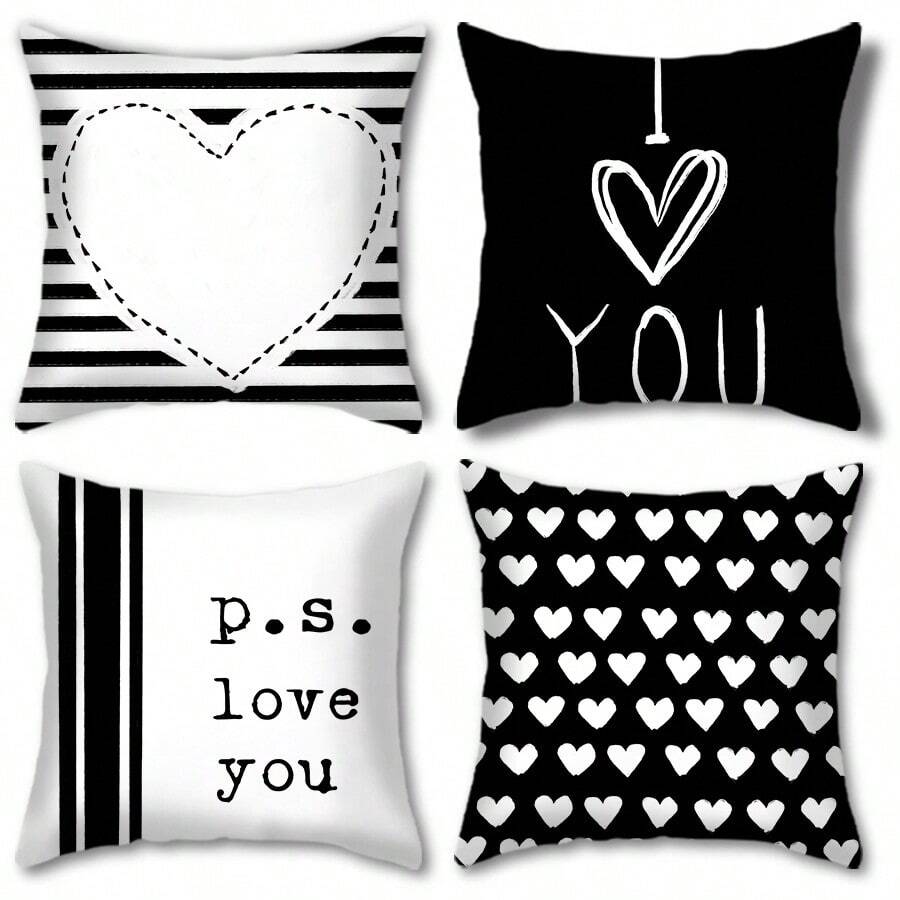 1 cái/4 cái Vỏ gối in chữ sọc trái tim đen trắng ngày lễ tình nhân bằng polyester, vỏ gối, trang trí phòng, trang trí phòng ngủ, trang trí ghế sofa, 45x45cm (không có lõi gối) - Nhiều màu - Xem 1