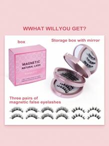 3 Pairs Magnetic False Eyelashes Kit With Mirror & Applicator Reusable Glue-Free Eyelashes Natural Manga Eyelashes Cat Eye Fluffy Faux Mink Eye Lashes With Tweezers Makeup Tool For Beauty, Travel, Daily Work,Halloween,Cosplay 7-14mm - 黑色 - 查看 2