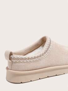 Women's Fashionable Striped Slip-On Low-Top Warm Lined Short Snow Boots, Casual Winter Beige Waterproof Rubber Outsole Snow Shoes