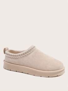 Women's Fashionable Striped Slip-On Low-Top Warm Lined Short Snow Boots, Casual Winter Beige Waterproof Rubber Outsole Snow Shoes