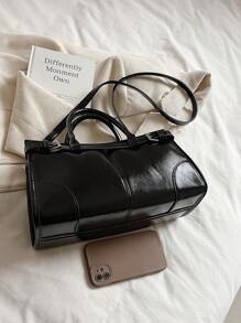 女士时尚手提包，大容量闪亮单肩包，带肩带，黑色 - 黑色 - 查看 8