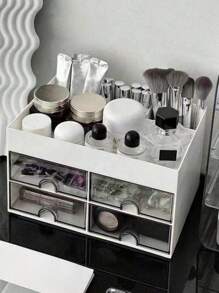 1 caixa organizadora de maquiagem transparente com gaveta, grande capacidade, multicompartimento, caixa de armazenamento de mesa de plástico para cosméticos, batons, joias, cuidados com a pele, pincéis de maquiagem, artigos de papelaria, adequada para mesa, quarto, banheiro, feriado, volta às aulas, presente de Dia dos Namorados