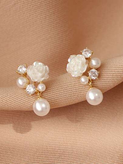 topshiny 1 对优雅白色花朵人造珍珠和水晶镶嵌吊坠耳环，适合新娘婚礼派对情人节、妈妈、母亲、母亲节、礼物