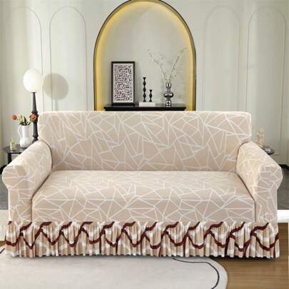 1 件印花和色块弹力裙式沙发套，柔软面料适合客厅/卧室/书房，沙发装饰