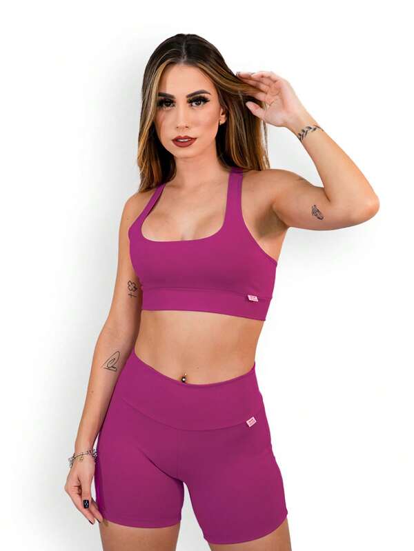 Conjunto Fitness de Poliamida Suplex Feminino Top Sem Bojo Short Meia Coxa Cós Alto Academia - 3138