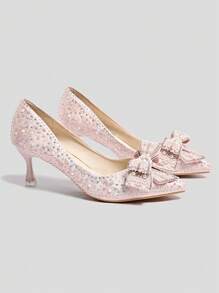Summer Pointed Toe Pearl Rhinestone Bow Shiny Laser Holographic Pearl Random Printed Textured Mini High Heel Slip-On Shoes For Casual Or Party Valentines