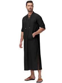 Men's Grommet Drawstring Long Sleeve Robe, Arabic Style Clothing - Black - View 4