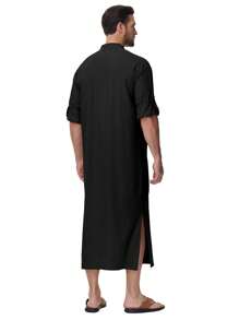Men's Grommet Drawstring Long Sleeve Robe, Arabic Style Clothing - Black - View 5