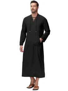 Men's Grommet Drawstring Long Sleeve Robe, Arabic Style Clothing - Black - View 1
