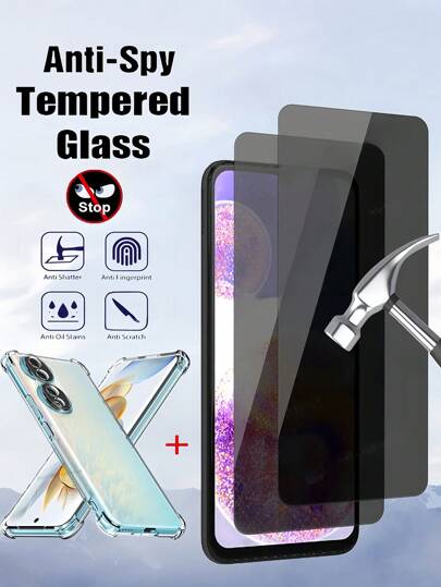 3 peças/conjunto 2 peças protetor de tela de vidro temperado anti-espionagem de privacidade + 1 capa de telefone transparente à prova de choque compatível com Samsung Galaxy ///Honor // Redmi e mais modelos, antiqueda, não frágil, sem bolhas, fácil de aplicar, resistente e durável, antiqueda e resistente a arranhões, não suporta desbloqueio por impressão digital