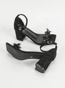 女士时尚粗跟露趾蝴蝶装饰绒面革舒适日常穿着凉鞋 - 黑色 - 查看 6