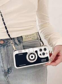 全新复古风格相机设计 PU 皮革金属边缘 TPU 防震 + 金属皮带斜挎手机壳 - 黑色 - 查看 1