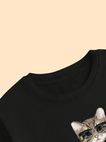 Rock Kitten Print T-Shirt Leave Me Alone Babylook Comfort Cotton Short Sleeve Basic Casual Streetwear - 所以 - 查看 5