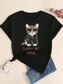 Rock Kitten Print T-Shirt Leave Me Alone Babylook Comfort Cotton Short Sleeve Basic Casual Streetwear - 所以 - 查看 1