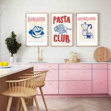 Set di 3 stampe su tela con immagini di cibo e bevande, cartellone d'arte per la cucina, stile retrò francese, con motivi come pasta, caffè e pane, quadri senza cornice per decorazione minimale per cameretta, appartamento, sala da pranzo, soggiorno, casa moderna