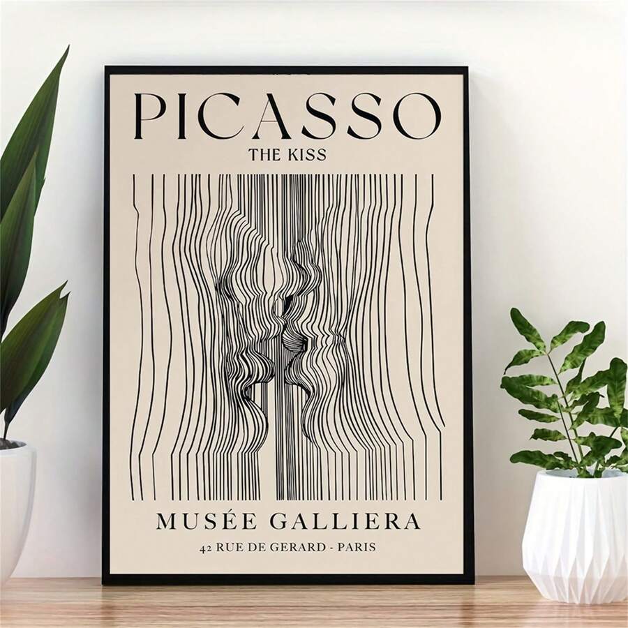 1 pieza Pintura abstracta vintage en lienzo con diseño minimalista tipo Picasso, color beige neutro, regalo, arte de pared para decoración del hogar en la sala de estar, sin marco - Multicolor - Ver 1