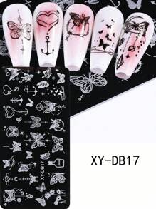 1件猫咪与新月美甲印花板，配玫瑰花、爱心Y2K图案设计，美甲印花模板，美甲配件工具，适合女性和女孩使用 - 銀色 - 查看 13