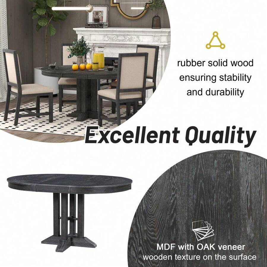 TREXM Farmhouse Dining Table Extendable Round Table For Kitchen, Dining