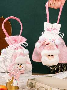 1 Piece Pink Gift Bag, Cute Gift Bag With Santa, Snowman, Elk For Christmas For Home Party Decoration, Holiday Gift Wrapping