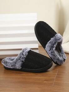 情侣新款毛绒拖鞋，女士室内保暖褪色毛领一脚蹬毛绒衬里厚防滑家居拖鞋 - 黑色 - 查看 2