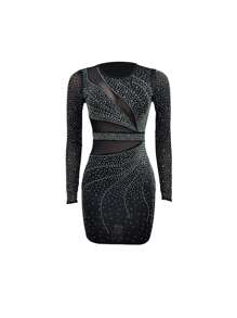 Fashion Gorgeous Round Neck Long Sleeve Sheer Rhinestone Wrap Hip Short Party Gathering Dresses - Black - View 3