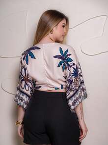 Women's Elegant Cropped Blouse With Casual Print, Multi-Way - 奶油色 - 查看 3