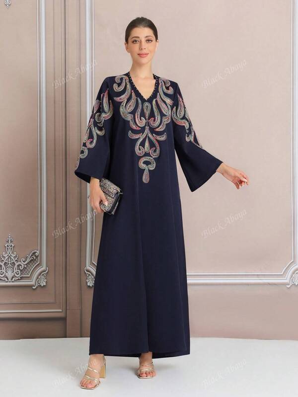 Plus Size Women Middle East Style Elegant Embroidered Robe, Kaftan Long Gown With Embroidery Details And Drawstring, Special Occasion Abaya, Available Now BC4614 (Custom Design)