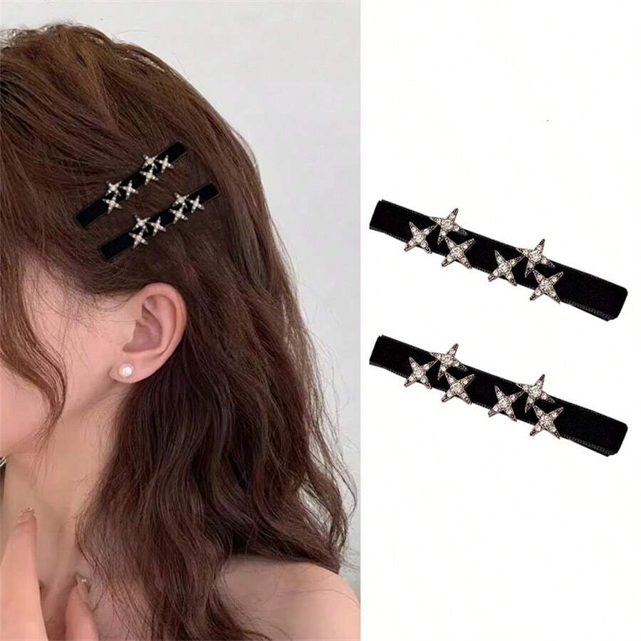 2 chiếc/bộ kẹp tóc đính đá ngôi sao nhung Pháp tinh tế, kẹp tóc thiết kế hình trái tim thanh lịch sang trọng, thích hợp để tạo kiểu và đi chơi hàng ngày - Nhiều màu - Xem 1