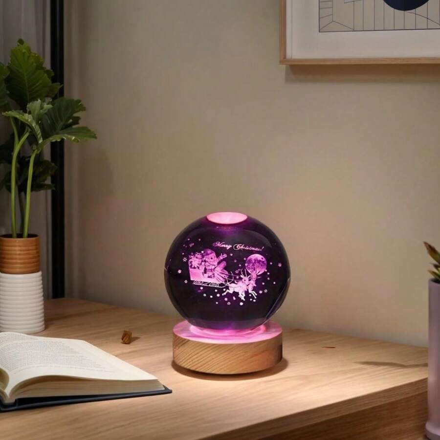 1 件 3D 圣诞老人、圣诞猫、圣诞雪人激光雕刻水晶玻璃灯泡小夜灯，带 LED 变色灯、USB 电源 - 非常适合卧室装饰、家居装饰、送给妻子、儿子、女儿的礼物 - 彩色 - 查看 1