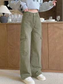 Solid Flap Pocket Cargo Jeans - Army Green - View 2