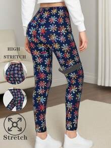 Quần legging thể thao thường ngày thời trang Giáng sinh cho nữ, vải nỉ co giãn cao màu xanh navy họa tiết bông tuyết, mềm mại & thoải mái, thích hợp cho tập thể dục, chạy bộ, yoga - Màu xanh hải quân - Xem 1