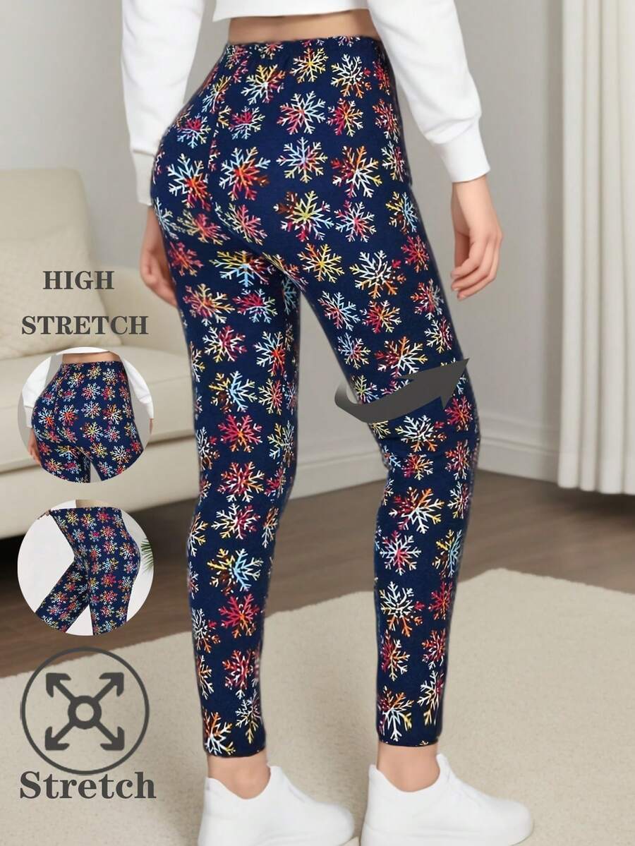 Quần legging thể thao thường ngày thời trang Giáng sinh cho nữ, vải nỉ co giãn cao màu xanh navy họa tiết bông tuyết, mềm mại & thoải mái, thích hợp cho tập thể dục, chạy bộ, yoga - Màu xanh hải quân - Xem 1