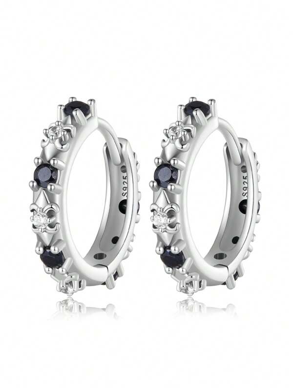 WOSTU 1 par de pendientes de aro de estilo vintage de plata de ley 925 con zirconia negra y ónix para mujer, diseño de flor de iris, regalos de joyas para fiesta