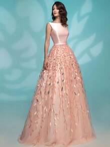 Women's Formal Party Dress, Sleeveless Boat Neck Long Gown, Flared Skirt With Leaf Pattern Decor - Dusty Pink - View 1