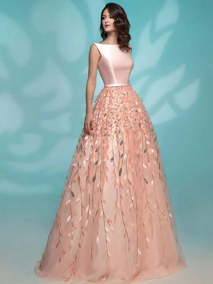 Women's Formal Party Dress, Sleeveless Boat Neck Long Gown, Flared Skirt With Leaf Pattern Decor - Dusty Pink - View 1